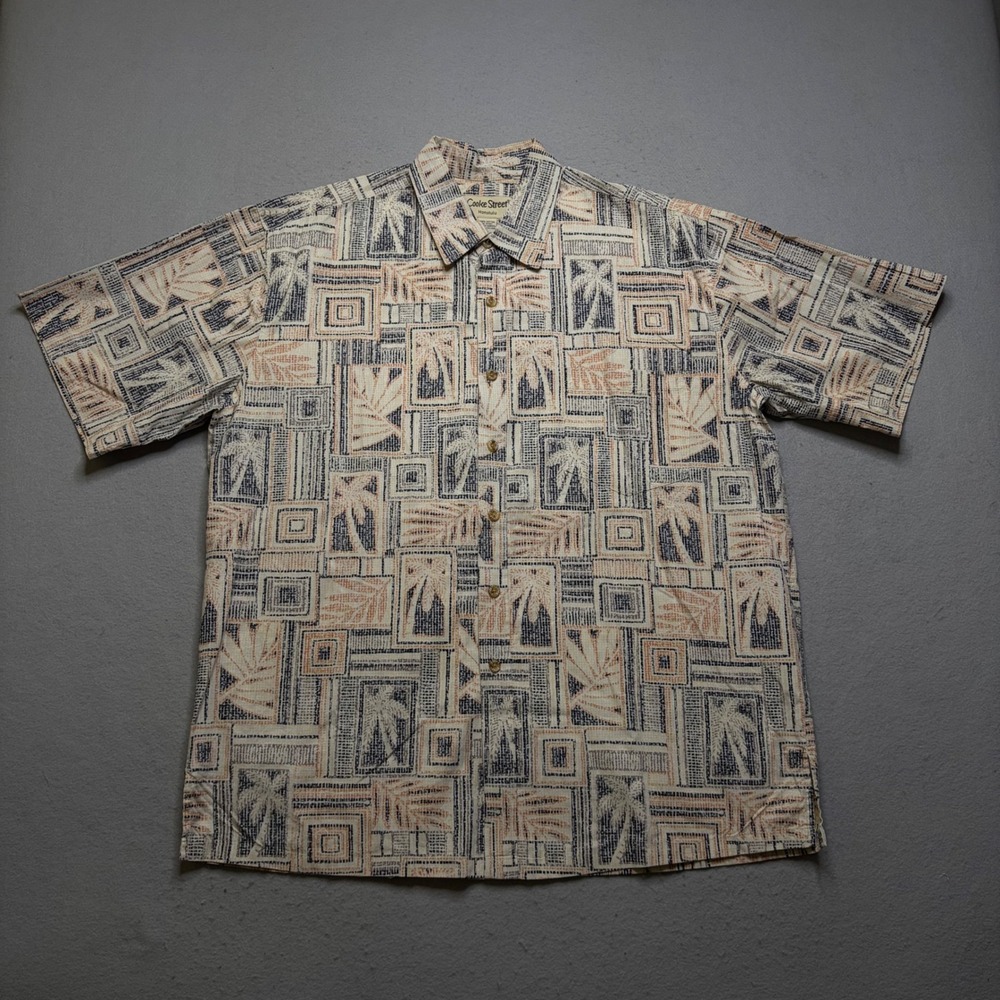 Cooke Street Honolulu Shirt Mens XL Tan Orange Navy Palm Tree Geometric Cotton